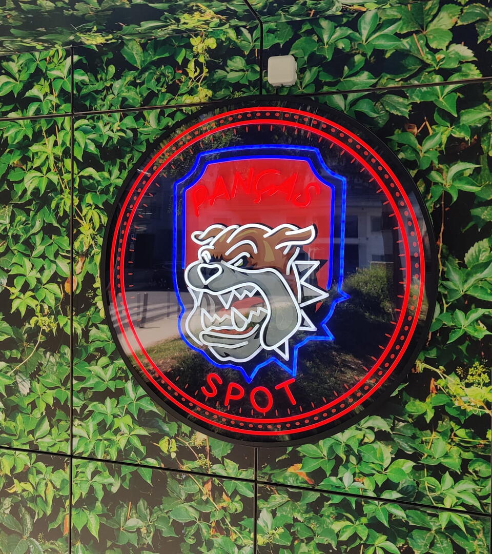 Decoração de parede com vinil impresso e logotipo em Neon LED